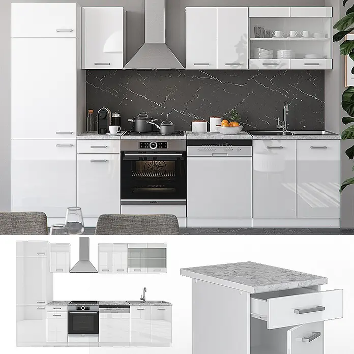 Vicco Küchenzeile R-Line Weiß Hochglanz/Weiß ohne Arbeitsplatte - Breite: 300 cm, Weiß Hochglanz, Ohne Elektrogeräte - Moderne, glänzend weiße Küche mit schwarzer Marmor-Rückwand, Einbaugeräten und Spüle.