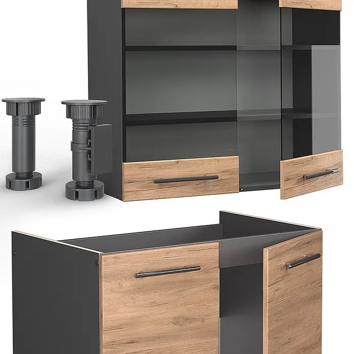 Vicco Küchenzeile Fame-Line Goldkraft Eiche/Anthrazit, AP Eiche - Goldkraft Eiche, Ohne Elektrogeräte - Modulschrank in Dunkelgrau und Eiche-Optik mit Glas, Schubladen und verstellbaren Füßen.