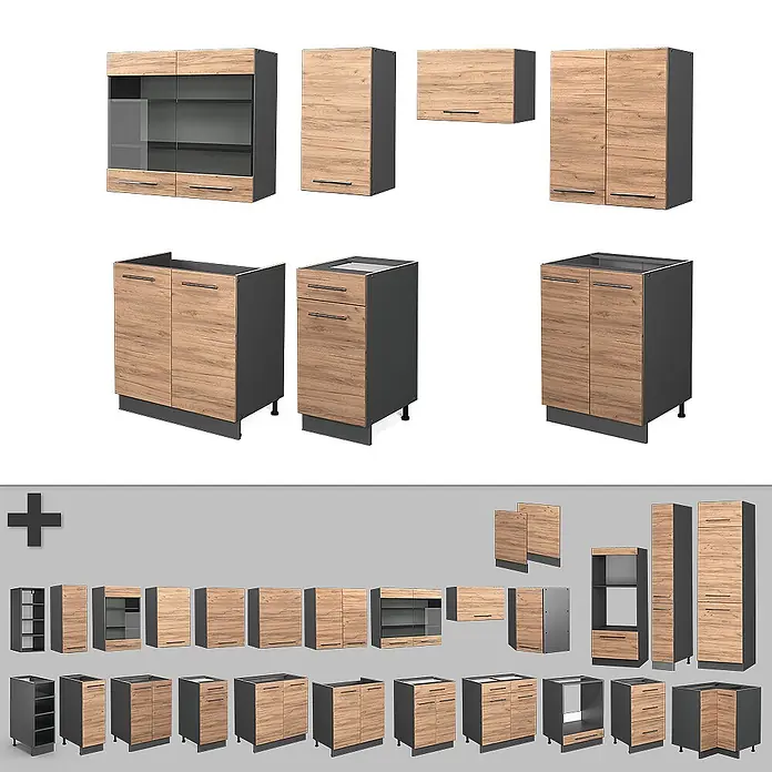 Vicco Küchenzeile Fame-Line Goldkraft Eiche/Anthrazit, AP Eiche - Breite: 240 cm, Goldkraft Eiche, Ohne Elektrogeräte - Modulare Küchenschrank-Kollektion mit Holzoptik-Fronten und dunkelgrauen Korpusen, inklusive verschiedener Wand-, Unter- und Hochschränke.