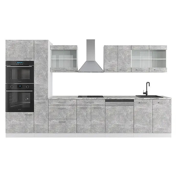 Vicco Küchenzeile R-Line Beton/Weiß mit Hochschrank, ohne Arbeitsplatte - Breite: 350 cm, Beton, Ohne Elektrogeräte - Moderne graue Küche mit Betonoptik-Schränken, integriertem Doppelofen, Kochfeld, Dunstabzugshaube, Spüle und Geschirrspüler. Mit Unter- und Oberschränken, teils mit Glastüren.