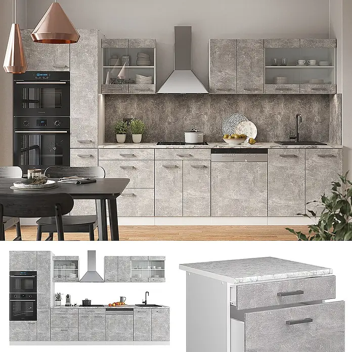 Vicco Küchenzeile R-Line Beton/Weiß mit Hochschrank, AP Anthrazit - Breite: 350 cm, Beton, Ohne Elektrogeräte - Moderne Küche mit grauen Schränken in Betonoptik und integrierten Geräten, die ein zeitgemäßes, funktionales Design zeigen.