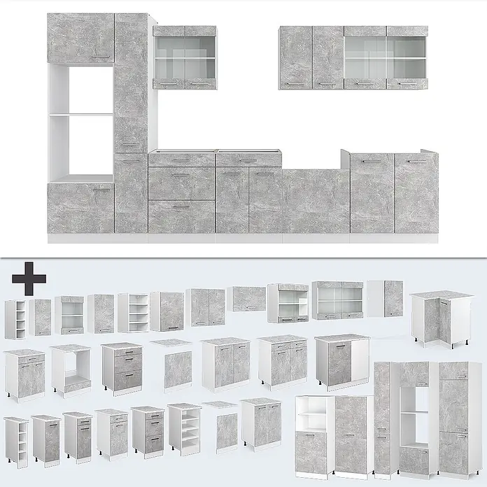 Vicco Küchenzeile R-Line Beton/Weiß mit Hochschrank, AP Anthrazit - Breite: 350 cm, Beton, Ohne Elektrogeräte - Modulare Küchenschränke in Betonoptik Grau mit weißen Rahmen und Regalen. Gezeigt als Set und einzelne Module.