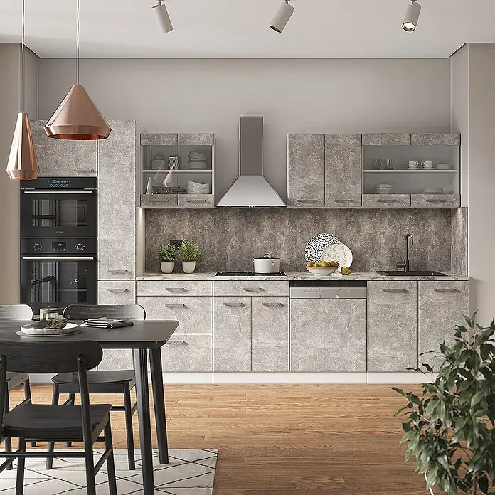 Vicco Küchenzeile R-Line Beton/Weiß mit Hochschrank, AP Anthrazit - Breite: 350 cm, Beton, Ohne Elektrogeräte - Moderne Küche mit grauen Marmor-Optik Schränken, integrierten Geräten und einem Essbereich.