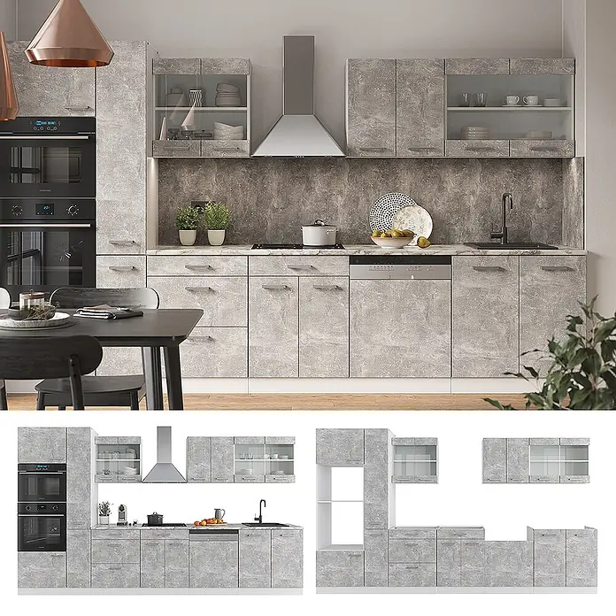 Vicco Küchenzeile R-Line Beton/Weiß mit Hochschrank, AP Anthrazit - Breite: 350 cm, Beton, Ohne Elektrogeräte - Moderne graue Küche im Marmor-Look mit modularen Schränken, Arbeitsplatte und integrierten Geräten.