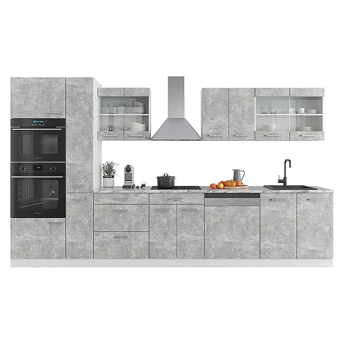 Vicco Küchenzeile R-Line Beton/Weiß mit Hochschrank, AP Anthrazit - Breite: 350 cm, Beton, Ohne Elektrogeräte - Moderne Küchenzeile mit grauen Marmor-Effekt-Schränken und integrierten Geräten wie Backöfen, Kochfeld, Spüle, Geschirrspüler.
