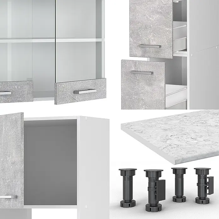 Vicco Küchenzeile R-Line Beton/Weiß mit Hochschrank, AP Anthrazit - Breite: 350 cm, Beton, Ohne Elektrogeräte - Modulares Schranksystem mit weißen und betonoptik-Fronten, marmorierter Arbeitsplatte und verstellbaren schwarzen Füßen.