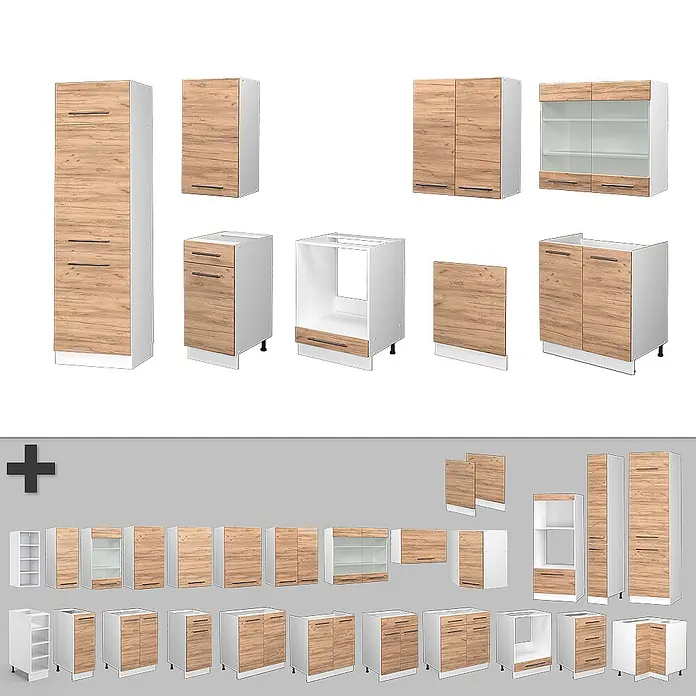Vicco Küchenzeile Fame-Line Goldkraft Eiche/Weiß ohne Arbeitsplatte - Breite: 300 cm, Goldkraft Eiche, Ohne Elektrogeräte - Set modularer Küchenschränke mit hellen Holzoptik-Fronten und weißen Korpen, inklusive Hoch-, Unter-, Ober- und Vitrinenschränken.