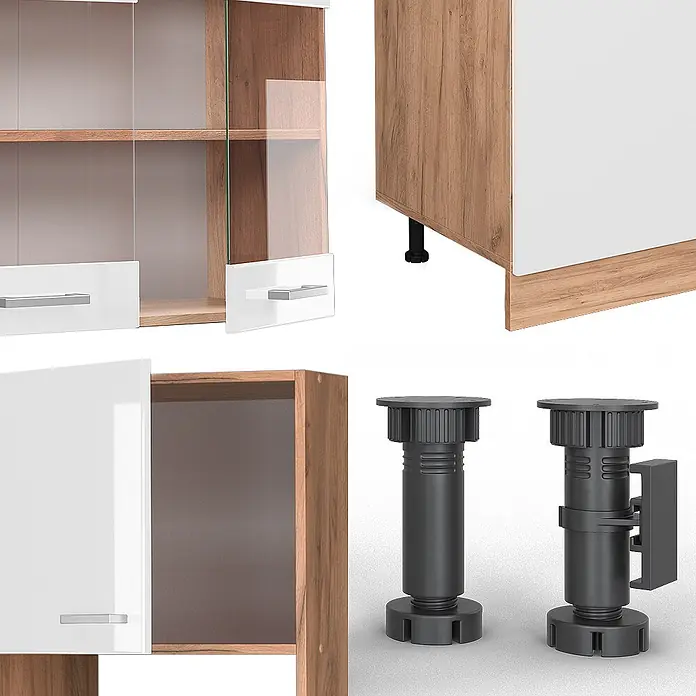 Vicco Küchenzeile R-Line Weiß Hochglanz mit Hochschrank, ohne Arbeitsplatte - Breite: 300 cm, Weiß Hochglanz, Ohne Elektrogeräte - Modulare Schrankteile in Holz- und Weißoptik mit Glastüren, Griffen und verstellbaren schwarzen Kunststofffüßen.
