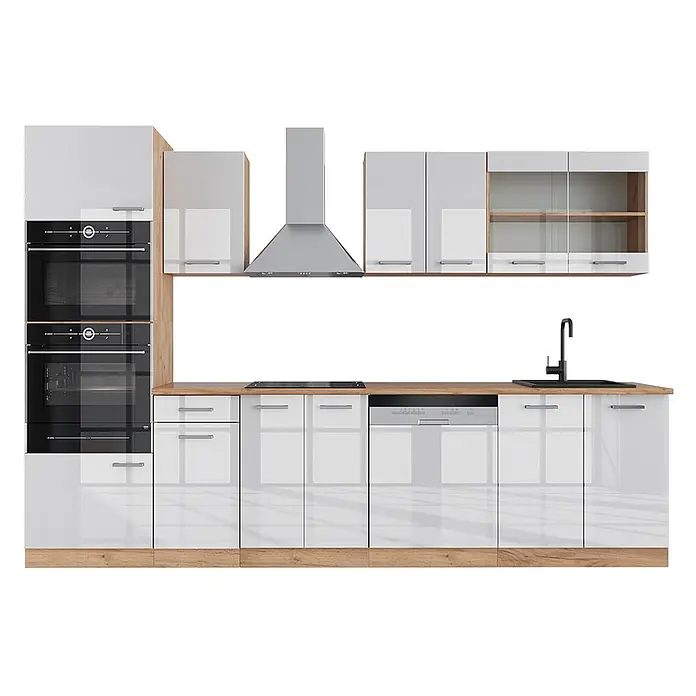 Vicco Küchenzeile R-Line Weiß Hochglanz mit Hochschrank, ohne Arbeitsplatte - Breite: 300 cm, Weiß Hochglanz, Ohne Elektrogeräte - Moderne weiße Hochglanzküche mit Holzdetails, integrierten Öfen, Induktionskochfeld, Geschirrspüler, Dunstabzugshaube und Spüle.