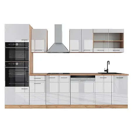 Vicco  Küchenzeile R-Line Weiß Hochglanz/Goldkraft Eiche mit Hochschrank, AP Eiche