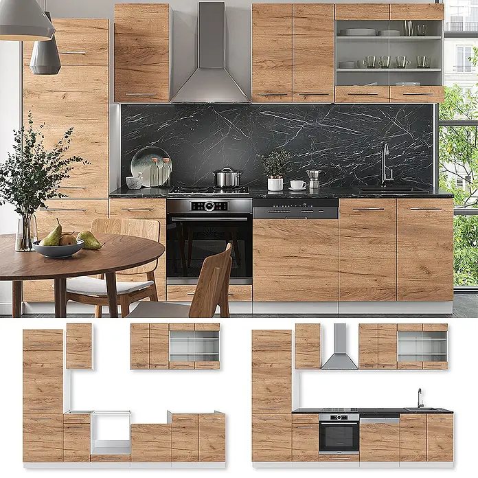 Vicco Küchenzeile Fame-Line Goldkraft Eiche/Weiß ohne Arbeitsplatte - Breite: 300 cm, Goldkraft Eiche, Ohne Elektrogeräte - Modulare Küche mit Holzdekorfronten, schwarzer Arbeitsplatte und integrierten Geräten.
