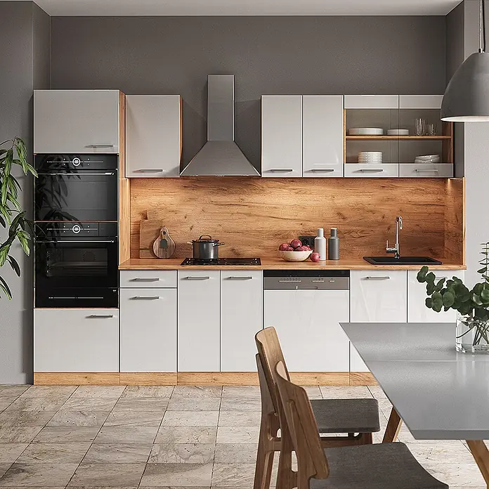 Vicco Küchenzeile R-Line Weiß Hochglanz mit Hochschrank, ohne Arbeitsplatte - Breite: 300 cm, Weiß Hochglanz, Ohne Elektrogeräte - Moderne Küche mit weißen Hochglanzfronten, Holzarbeitsplatte und integrierten schwarzen Öfen und Kochfeld.