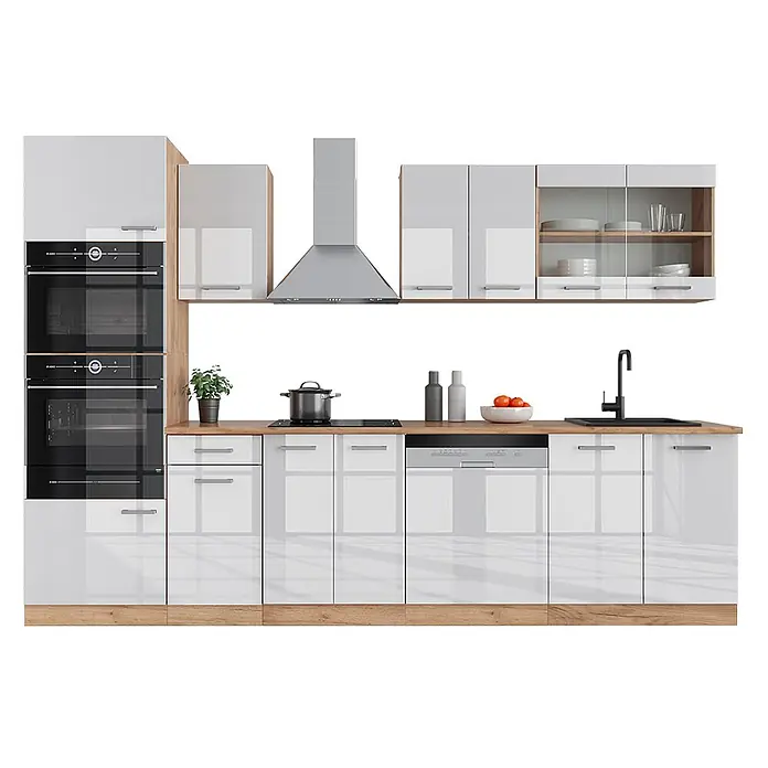 Vicco Küchenzeile R-Line Weiß Hochglanz mit Hochschrank, ohne Arbeitsplatte - Breite: 300 cm, Weiß Hochglanz, Ohne Elektrogeräte - Moderne Hochglanz-Küche in Weiß mit Holzplatten, integrierten Öfen, Dunstabzug, Spülmaschine und Spüle.