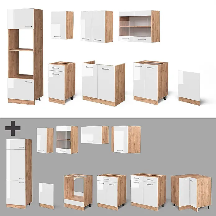 Vicco Küchenzeile R-Line Weiß Hochglanz mit Hochschrank, ohne Arbeitsplatte - Breite: 300 cm, Weiß Hochglanz, Ohne Elektrogeräte - Verschiedene Küchenschrankmodule mit weißen Hochglanzfronten und hellen Holzrahmen, darunter Unter-, Ober- und Hochschränke.