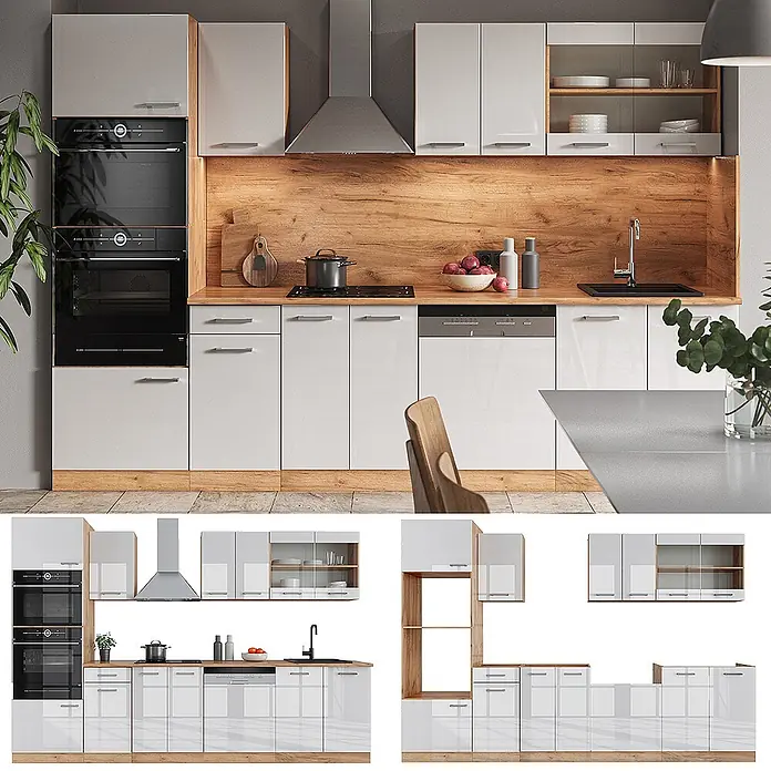 Vicco Küchenzeile R-Line Weiß Hochglanz mit Hochschrank, ohne Arbeitsplatte - Breite: 300 cm, Weiß Hochglanz, Ohne Elektrogeräte - Moderne Küche in Hochglanzweiß mit Holzdetails und integrierten Geräten.