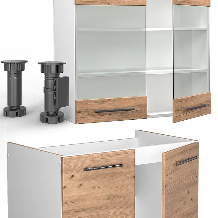 Vicco Küchenzeile Fame-Line Goldkraft Eiche/Weiß, AP Eiche - Goldkraft Eiche, Ohne Elektrogeräte - Weiße und hellholzfarbene Schrankteile mit verstellbaren dunklen Beinen, Glas- und Holzoptik-Türen mit Griffen.