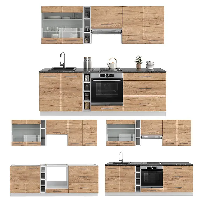Vicco Küchenzeile Fame-Line Goldkraft Eiche/Weiß, AP Eiche - Goldkraft Eiche, Ohne Elektrogeräte - Modulküche mit hellen Holzfronten, schwarzen Arbeitsplatten, integrierter Spüle, Herd, Backofen und Glasoberschränken.