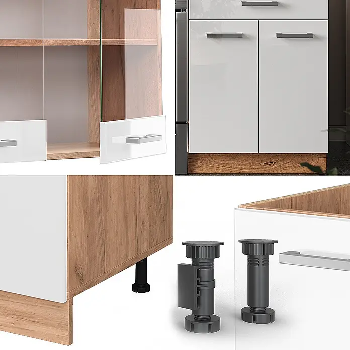 Vicco Küchenzeile R-Line Weiß Hochglanz/Goldkraft Eiche ohne Arbeitsplatte - Weiß Hochglanz, Ohne Elektrogeräte - Modulare Küchenmöbel in Weiß und Holzoptik, mit glänzenden Türen, Glasschränken, Metallgriffen und verstellbaren Füßen.