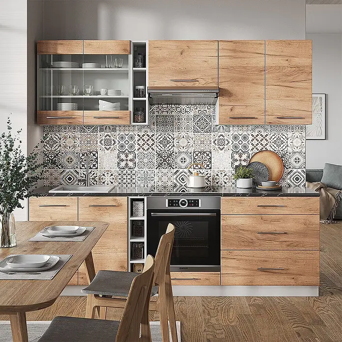 Vicco Küchenzeile Fame-Line Goldkraft Eiche/Weiß, AP Eiche - Goldkraft Eiche, Ohne Elektrogeräte - Moderne Küche mit Holzoptik-Schränken, dunkler Arbeitsplatte und gemusterter Rückwand, inklusive integriertem Backofen und Spüle.