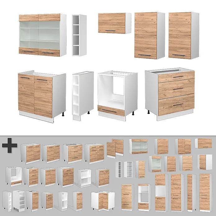 Vicco Küchenzeile Fame-Line Goldkraft Eiche/Weiß, AP Eiche - Breite: 235 cm, Goldkraft Eiche, Ohne Elektrogeräte - Modulare Küchenschränke: weiße Einheiten mit hellen Holzoptik-Fronten, darunter Unter-, Wand- und Schubladenschränke.