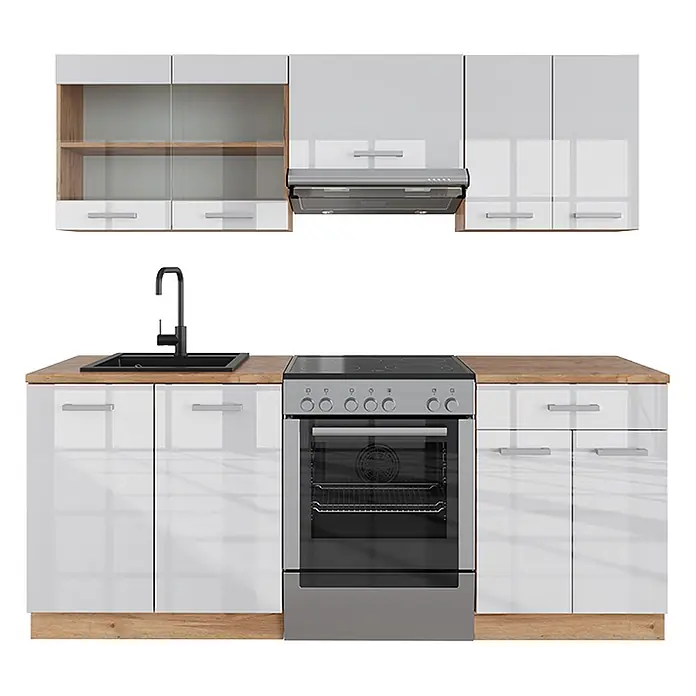 Vicco Küchenzeile R-Line Weiß Hochglanz/Goldkraft Eiche ohne Arbeitsplatte - Weiß Hochglanz, Ohne Elektrogeräte - Weiße Hochglanz-Küchenzeile mit Holzplatte, schwarzer Spüle, silbernem Backofen, Kochfeld und Dunstabzugshaube.