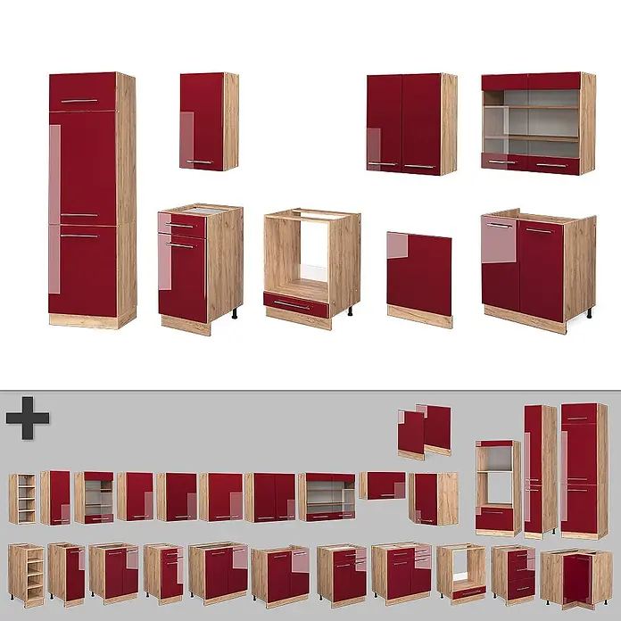 Vicco Küchenzeile Fame-Line Bordeaux Hochglanz/Goldkraft Eiche, AP Marmor - Breite: 300 cm, Bordeaux Hochglanz, Ohne Elektrogeräte - Modulare Küchenschränke: rote Hochglanzfronten, helle Holzoptikrahmen, in verschiedenen Konfigurationen als Ober-, Unter- und Hochschränke.