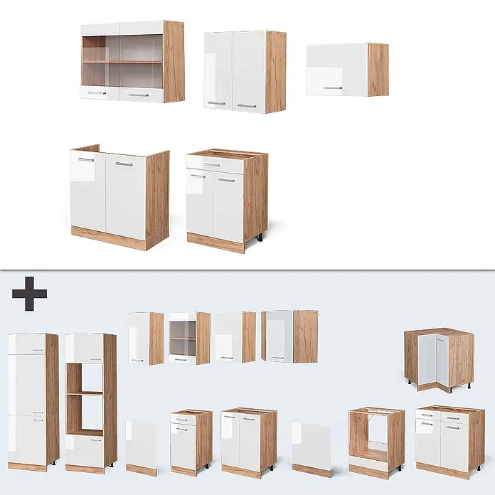 Vicco Küchenzeile R-Line Weiß Hochglanz/Goldkraft Eiche ohne Arbeitsplatte - Weiß Hochglanz, Ohne Elektrogeräte - Modulare Küchenschränke in Weiß Hochglanz und Holzoptik, bestehend aus verschiedenen Ober- und Unterschränken.