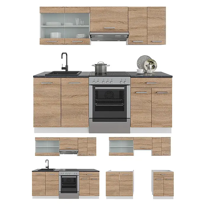 Vicco Küchenzeile R-Line Sonoma/Weiß, AP Anthrazit - Breite: 200 cm, Sonoma, Ohne Elektrogeräte - Moderne Küchenzeile in heller Eichenoptik mit dunklen Arbeitsplatten, Spüle, Backofen und verschiedenen Ober- und Unterschränken, teils mit Glastüren.