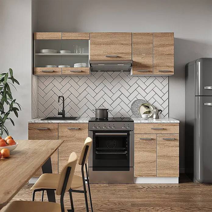 Vicco Küchenzeile R-Line Sonoma/Weiß, AP Anthrazit - Breite: 200 cm, Sonoma, Ohne Elektrogeräte - Komplette Küchenzeile mit hellen Eichendekor-Schränken, weißen Marmoroptik-Arbeitsplatten und verschiedenen Geräten.