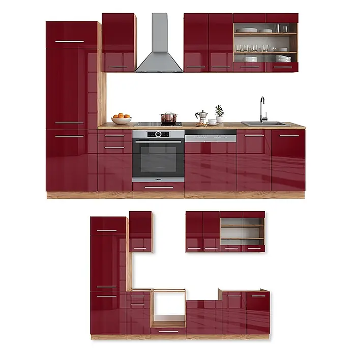 Vicco Küchenzeile Fame-Line Bordeaux Hochglanz/Goldkraft Eiche ohne Arbeitsplatte - Bordeaux Hochglanz, Ohne Elektrogeräte - Moderne Hochglanz-Bordeauxküche mit hellen Holzdetails, integrierten Geräten und modularem Design.
