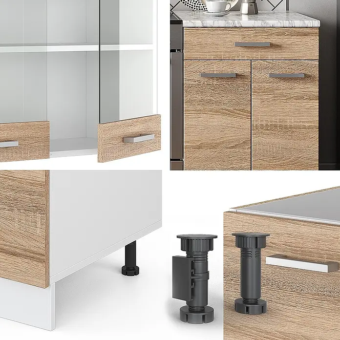 Vicco Küchenzeile R-Line Sonoma/Weiß, AP Anthrazit - Breite: 200 cm, Sonoma, Ohne Elektrogeräte - Modulares Küchenschranksystem in heller Holzoptik und Weiß, mit Glastüren, Schubladen und verstellbaren schwarzen Füßen.