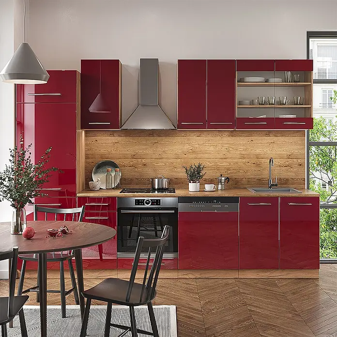 Vicco Küchenzeile Fame-Line Bordeaux Hochglanz/Goldkraft Eiche ohne Arbeitsplatte - Bordeaux Hochglanz, Ohne Elektrogeräte - Moderne Küche mit hochglanzroten Schränken, Holz-Arbeitsplatte und Rückwand sowie integrierten Geräten.
