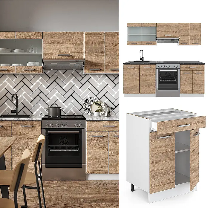 Vicco Küchenzeile R-Line Sonoma/Weiß, AP Anthrazit - Breite: 200 cm, Sonoma, Ohne Elektrogeräte - Helle Küchenschränke in Holzoptik mit silbernen Griffen, integriertem Backofen, Herd, Spüle und Dunstabzugshaube, in einer modernen Küche gezeigt.
