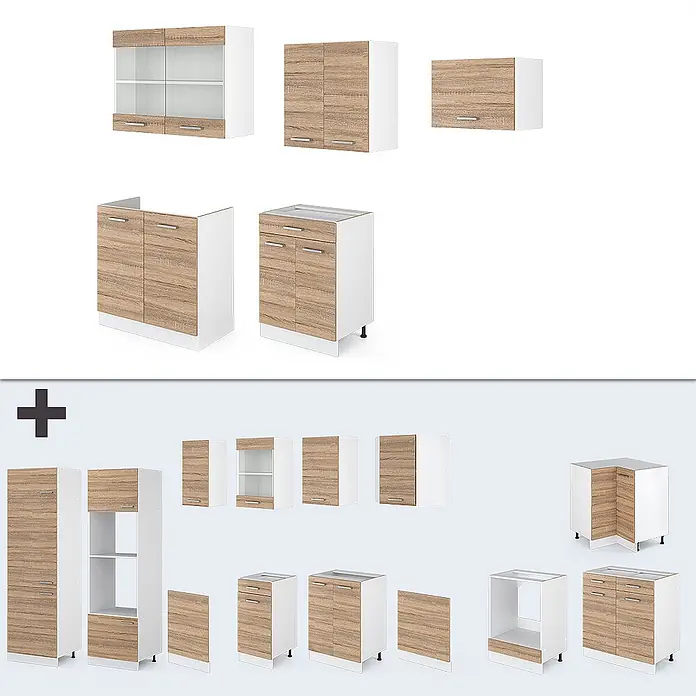 Vicco Küchenzeile R-Line Sonoma/Weiß, AP Anthrazit - Breite: 200 cm, Sonoma, Ohne Elektrogeräte - Modulare Küchenschränke: weiße Korpusse, helle Holzmaserungsfronten. Verschiedene Ober- und Unterschränke.