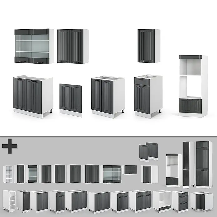 Vicco Küchenzeile Fame-Line Anthrazit Landhaus/Weiß mit Hochschrank, ohne Arbeitsplatte - Breite: 300 cm, Anthrazit Landhaus, Ohne Elektrogeräte - Modulare dunkelgrau-weiße Küchenschränke: Wand-, Unter- und Hochschränke, teils mit Glastüren.