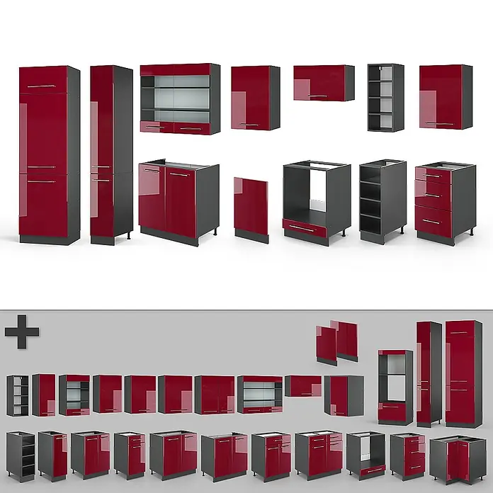 Vicco Küchenzeile Fame-Line Bordeaux Hochglanz/Anthrazit ohne Arbeitsplatte - Breite: 355 cm, Bordeaux Hochglanz, Ohne Elektrogeräte - Set modularer Küchenschränke mit glänzenden roten Fronten und dunkelgrauen Korpus, inklusive Hoch-, Unter-, Ober- und Schubladenschränken.