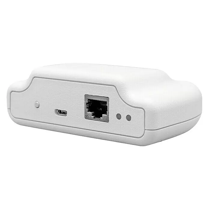HJM Conector de red Smart Box - Listo para conexión - Dispositivo electrónico blanco con puertos micro USB y Ethernet, y dos luces indicadoras en el panel trasero.