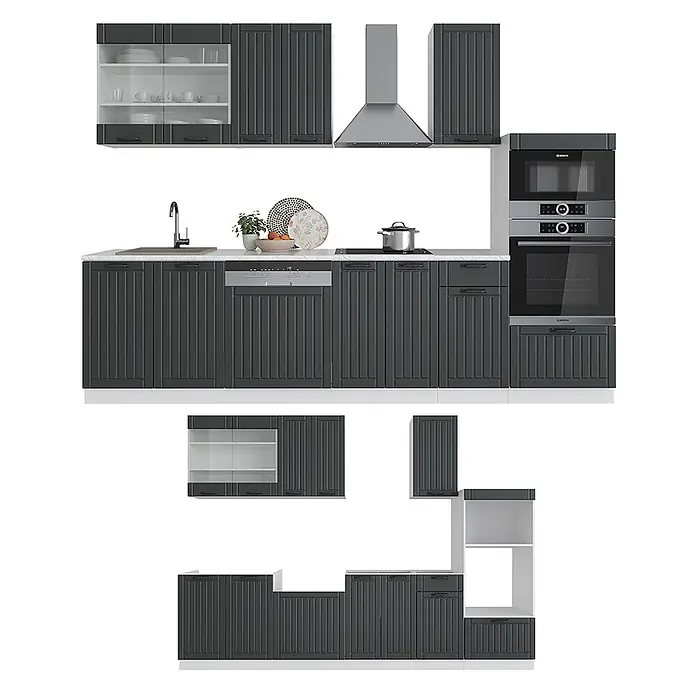 Vicco Küchenzeile Fame-Line Anthrazit Landhaus/Weiß mit Hochschrank, ohne Arbeitsplatte - Breite: 300 cm, Anthrazit Landhaus, Ohne Elektrogeräte - Modulare dunkelgraue Küchenschränke mit vertikalen Rillen, weißer Arbeitsplatte, Spüle, Geräten und einem separaten Modulset.