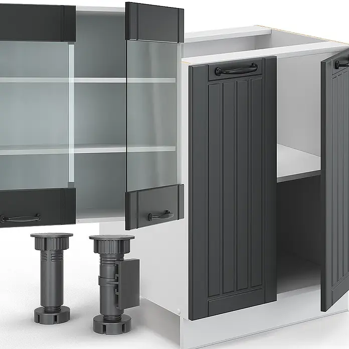 Vicco Küchenzeile Fame-Line Anthrazit Landhaus/Weiß mit Hochschrank, ohne Arbeitsplatte - Breite: 300 cm, Anthrazit Landhaus, Ohne Elektrogeräte - Dunkelgraue Küchenschrankfronten, teils Glas, teils Lamellen, mit weißen Rahmen und zwei dunkelgrauen verstellbaren Möbelfüßen.