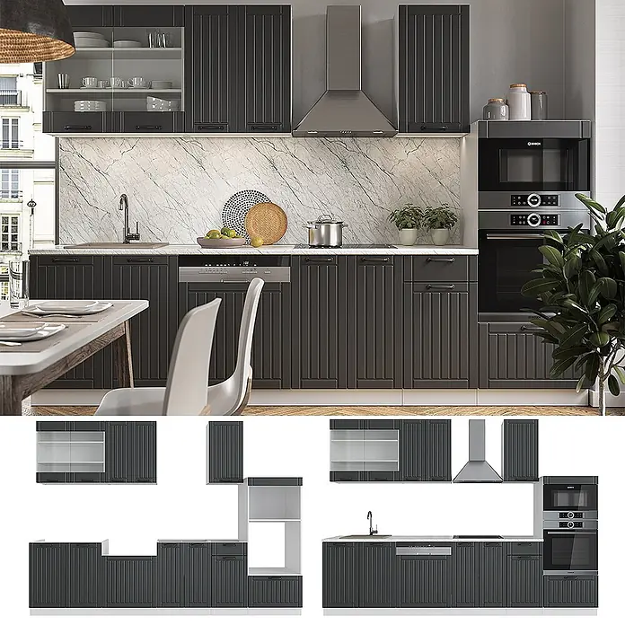 Vicco Küchenzeile Fame-Line Anthrazit Landhaus/Weiß mit Hochschrank, ohne Arbeitsplatte - Breite: 300 cm, Anthrazit Landhaus, Ohne Elektrogeräte - Dunkelgraue, geriffelte Modulküche mit integriertem Backofen, Mikrowelle, Geschirrspüler und Dunstabzugshaube.
