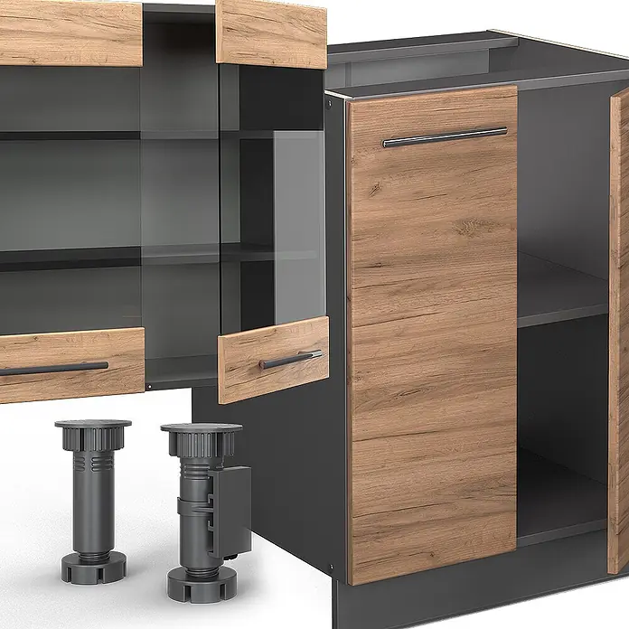 Vicco Küchenzeile Fame-Line Goldkraft Eiche mit Hochschrank, ohne Arbeitsplatte - Goldkraft Eiche, Ohne Elektrogeräte - Küchenschrank-Elemente: Hängeschrank mit Glastüren, Unterschrank mit Holzoptik-Tür und verstellbare Füße, in Dunkelgrau und heller Holzoptik.
