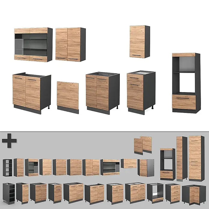 Vicco Küchenzeile Fame-Line Goldkraft Eiche/Anthrazit mit Hochschrank, AP Eiche - Breite: 300 cm, Goldkraft Eiche, Ohne Elektrogeräte - Verschiedene modulare Küchenschränke mit heller Holzoptik-Front und dunkelgrauen Rahmen.