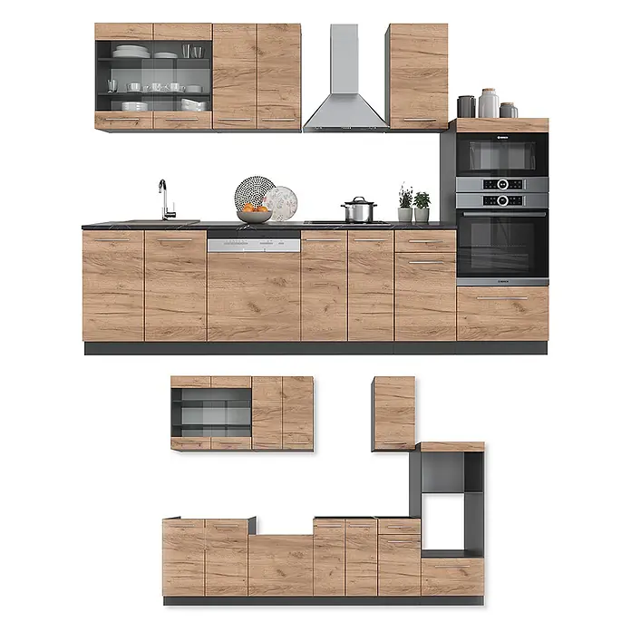 Vicco Küchenzeile Fame-Line Goldkraft Eiche mit Hochschrank, ohne Arbeitsplatte - Goldkraft Eiche, Ohne Elektrogeräte - Modulares Küchensystem mit hellen Holzfronten, schwarzen Arbeitsplatten, integrierten Geräten und grauen Akzenten.