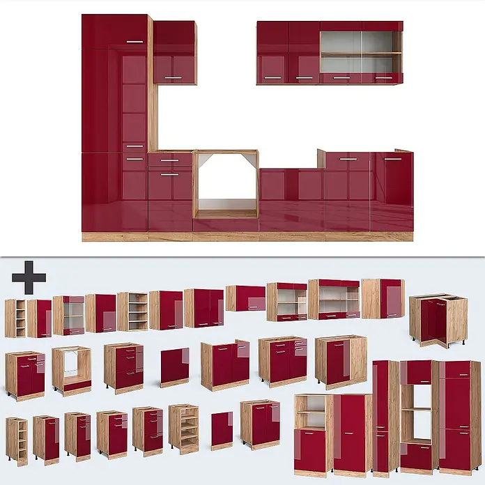 Vicco Küchenzeile R-Line Rot Hochglanz/Goldkraft Eiche ohne Arbeitsplatte - Rot Hochglanz, Ohne Elektrogeräte - Modulares Küchenschranksystem mit glänzenden roten Türen und hellen Holzmaserung-Rahmen, montiert und als Einzelmodule gezeigt.