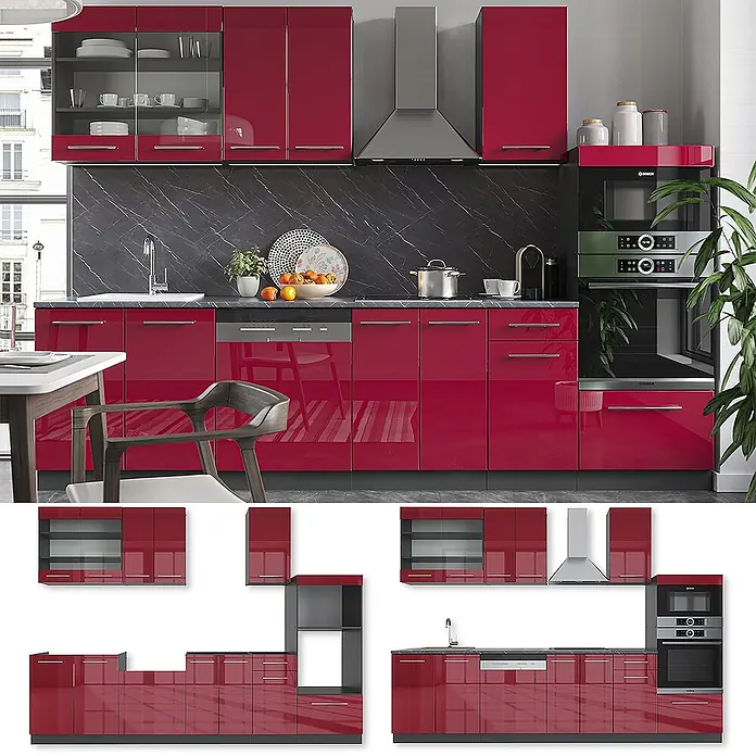 Vicco Küchenzeile Fame-Line Bordeaux Hochglanz/Anthrazit mit Hochschrank, AP Eiche - Breite: 300 cm, Bordeaux Hochglanz, Ohne Elektrogeräte - Hochglanzrote Küche mit reichlich Stauraum, bestehend aus Wand- und Unterschränken, integrierten Geräten und dunkler Arbeitsplatte.