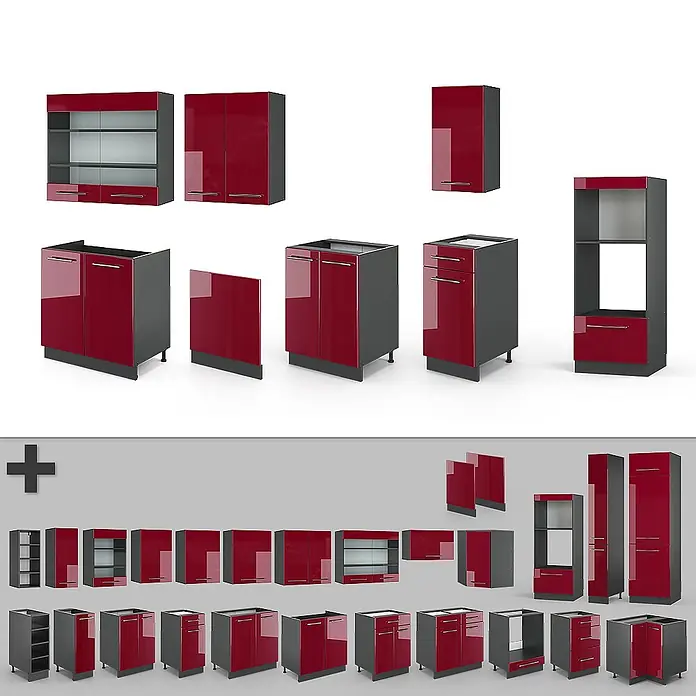 Vicco Küchenzeile Fame-Line Bordeaux Hochglanz/Anthrazit mit Hochschrank, AP Eiche - Breite: 300 cm, Bordeaux Hochglanz, Ohne Elektrogeräte - Modulare dunkelgraue Küchenschränke mit glänzenden roten Fronten, inkl. Ober-, Unter- und Hochschränken mit Türen, Schubladen, Regalen.