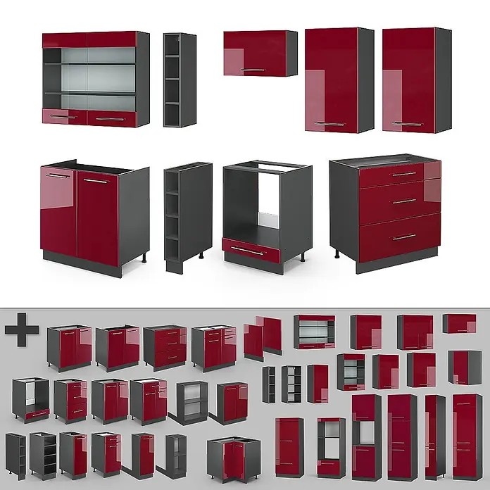 Vicco Küchenzeile Fame-Line Bordeaux Hochglanz/Anthrazit, AP Eiche - Breite: 235 cm, Bordeaux Hochglanz, Ohne Elektrogeräte - Modulare Küchenschränke mit glänzenden roten Türen/Schubladen und dunkelgrauen Rahmen. Verschiedene Ober- und Unterschränke.