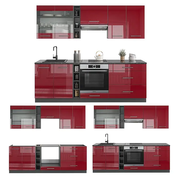 Vicco Küchenzeile Fame-Line Bordeaux Hochglanz/Anthrazit, AP Eiche - Breite: 235 cm, Bordeaux Hochglanz, Ohne Elektrogeräte - Hochglänzende rote Modulküche mit dunkler Arbeitsplatte, Spüle, integriertem Backofen, Dunstabzug, verschiedenen Schränken und Oberschränken mit Glasfront.