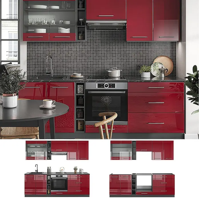 Vicco Küchenzeile Fame-Line Bordeaux Hochglanz/Anthrazit, AP Eiche - Breite: 235 cm, Bordeaux Hochglanz, Ohne Elektrogeräte - Moderne Küche mit roten Hochglanzschränken, dunkler Arbeitsplatte, integriertem Backofen und schwarzem Fliesenrückwand.