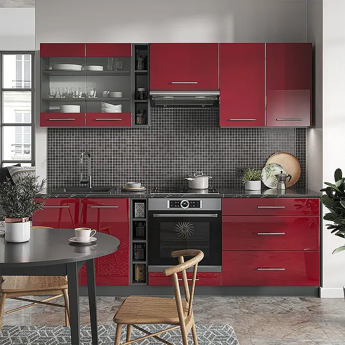 Vicco Küchenzeile Fame-Line Bordeaux Hochglanz/Anthrazit, AP Eiche - Breite: 235 cm, Bordeaux Hochglanz, Ohne Elektrogeräte - Moderne Küche in Hochglanzrot mit Unter- und Oberschränken, dunklen Arbeitsplatten, integriertem Kochfeld und Backofen.